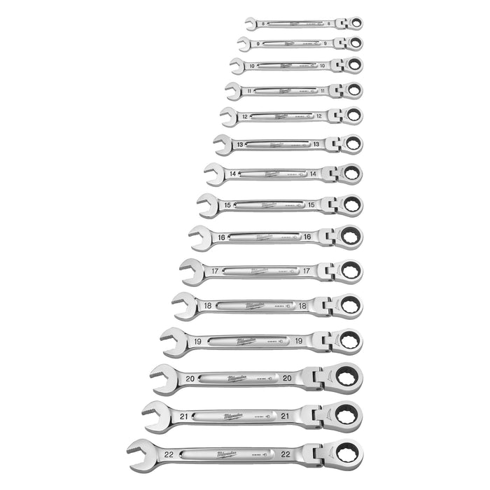 Milwaukee MAX BITE™ Metric Flexible Head Ratcheting Combination Spanner Set (15 Pc)