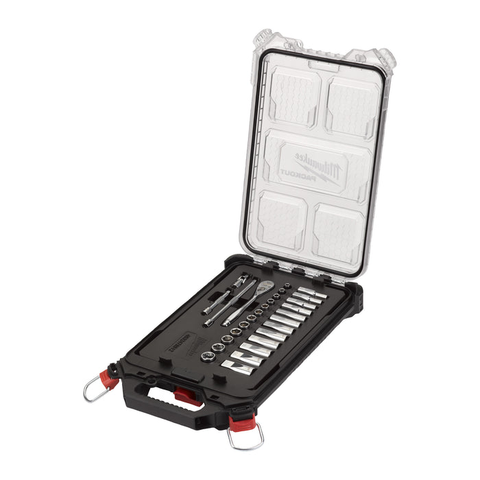 Milwaukee Metric ¼″ Ratchet + Socket Set (28 Pc) In PACKOUT™ Compact Slim Organiser