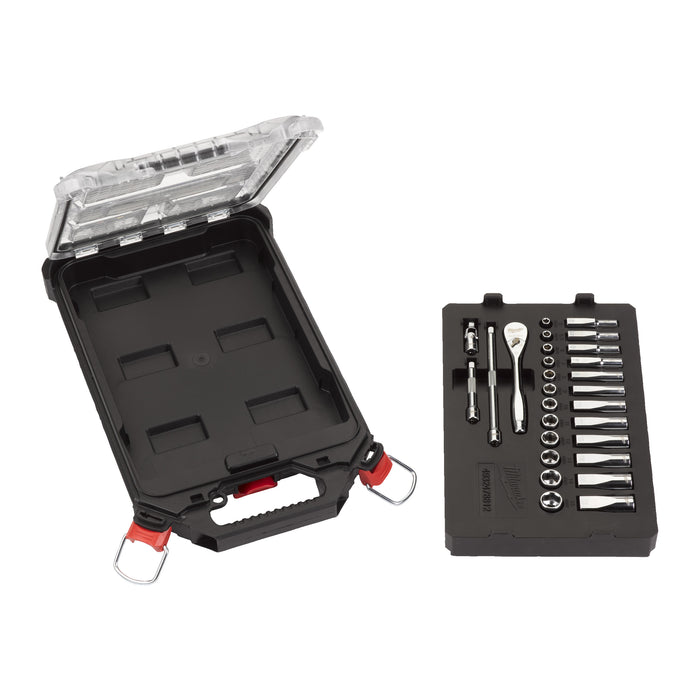 Milwaukee Metric ¼″ Ratchet + Socket Set (28 Pc) In PACKOUT™ Compact Slim Organiser