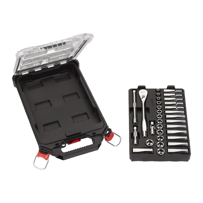 Milwaukee Metric ⅜″ Ratchet + Socket Set (32 Pc) In PACKOUT™ Compact Slim Organiser