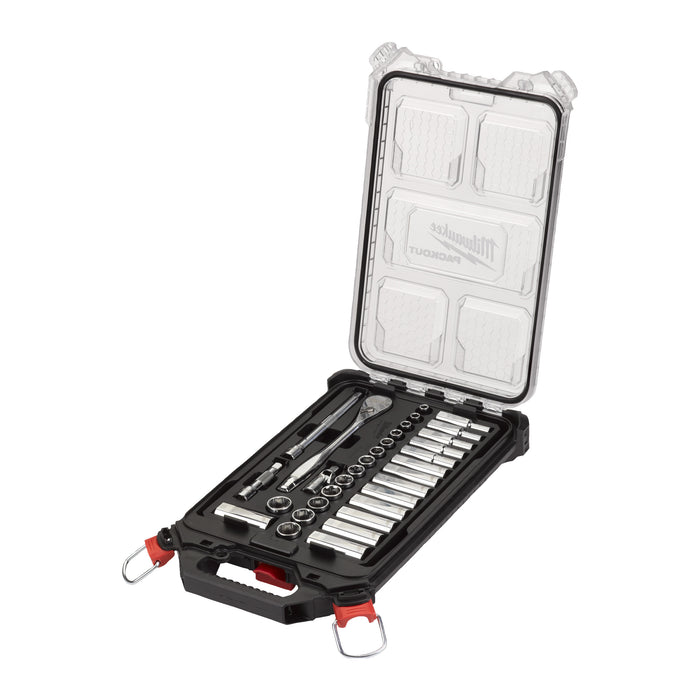 Milwaukee Metric ⅜″ Ratchet + Socket Set (32 Pc) In PACKOUT™ Compact Slim Organiser